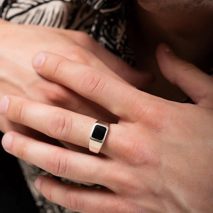 Oxzen ασημένιο δαχτυλίδι ανδρικό, με αχάτη μαύρο