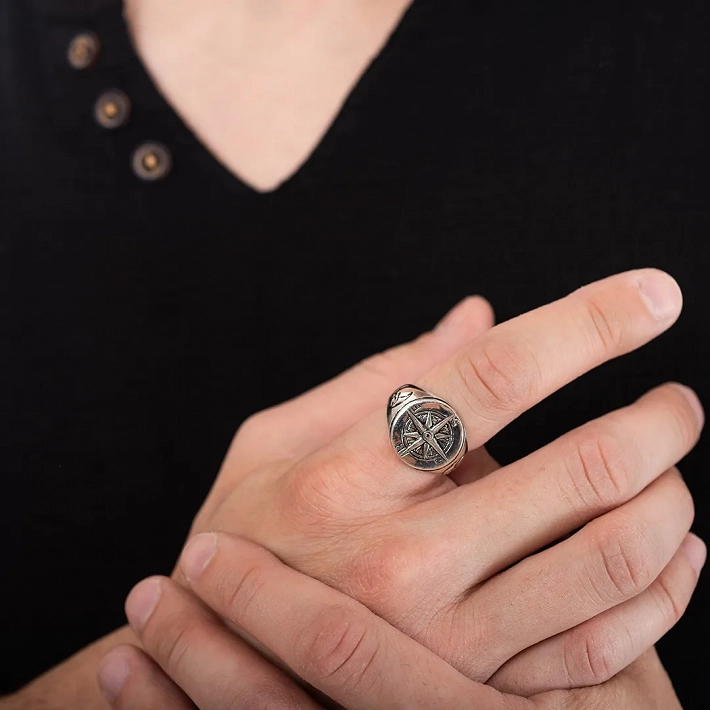 Oxzen ασημένιο δαχτυλίδι ανδρικό, πυξίδα