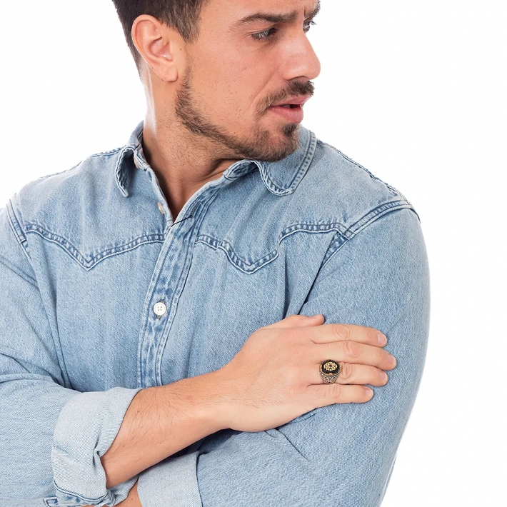 Oxzen ανδρικό δαχτυλίδι ασημένιο επιχρυσωμένο με μαύρο αχάτη free size