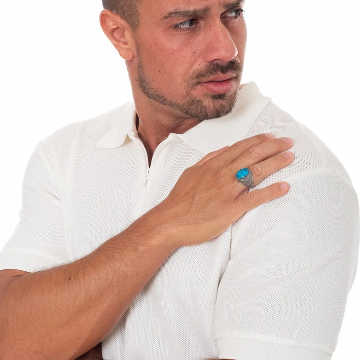 Oxzen ανδρικό δαχτυλίδι ασημένιο οβάλ με ορυκτή πέτρα