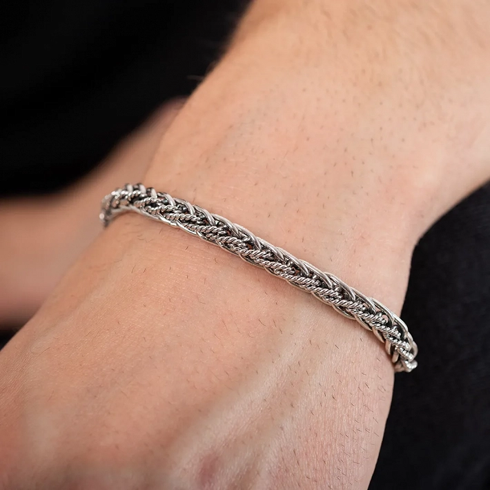Oxzen ανδρικό βραχιόλι από ασήμι, πλεκτό χειροποίητο με κούμπωμα ασφαλείας