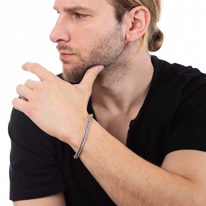 Oxzen ανδρικό βραχιόλι από ασήμι, πλεκτό χειροποίητο με κούμπωμα ασφαλείας