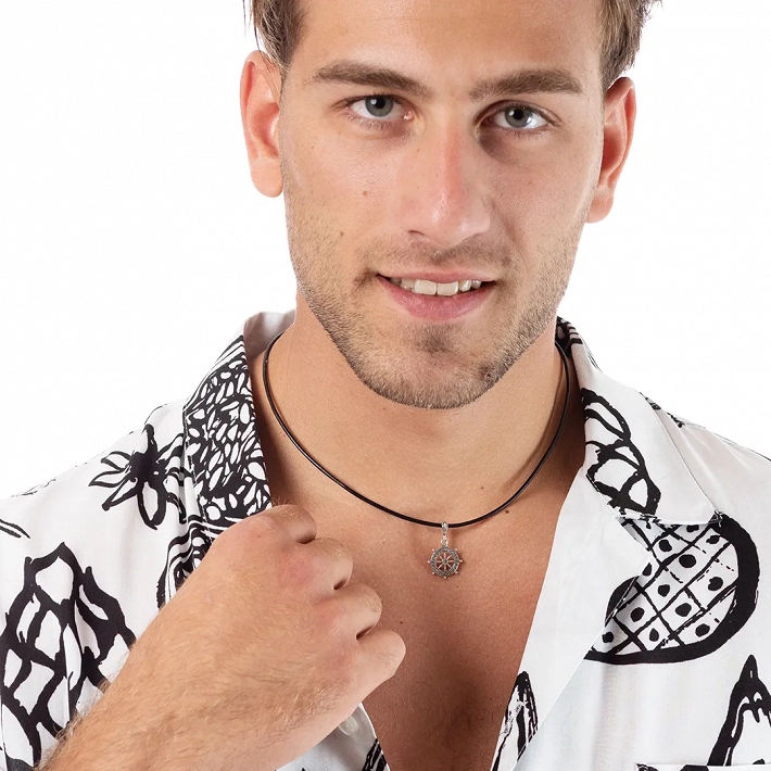 Oxzen κολιέ από ασήμι, τιμόνι πλοίου με δέρμα με ασημένια κουμπώματα