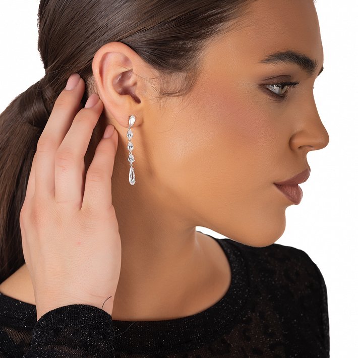 Oxzen ασημένιο σκουλαρίκι μακρύ με λευκά ζιργκόν