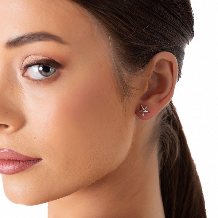 Oxzen ασημένιο σκουλαρίκι καρφωτό κοχύλι και αστερίας