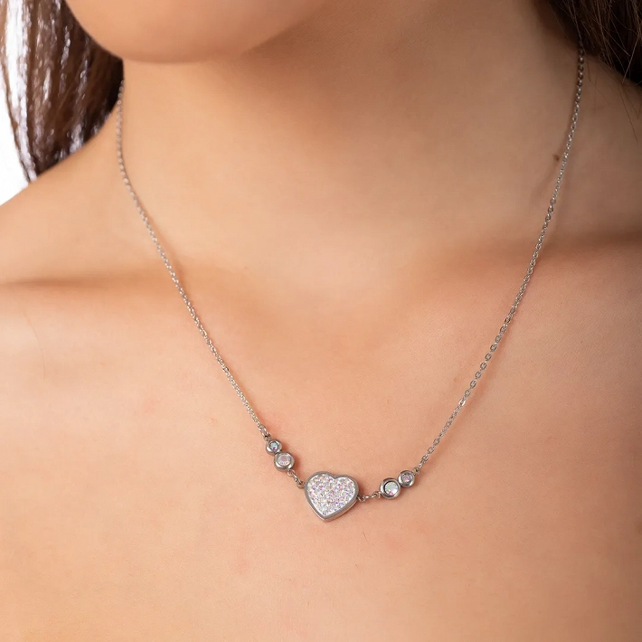 Oxzen κολιέ από ανοξείδωτο ατσάλι, καρδιά με κρύσταλλα