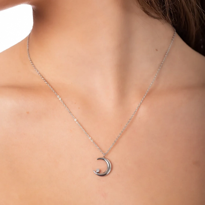 Oxzen κολιέ από ανοξείδωτο ατσάλι, φεγγάρι με ένα λευκό ζιργκόν