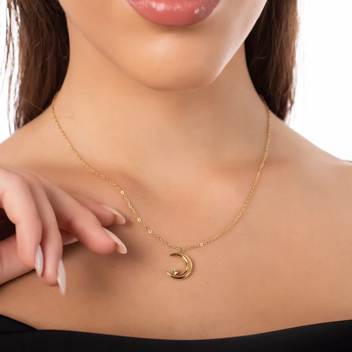 Oxzen κολιέ από ανοξείδωτο ατσάλι, φεγγάρι με ένα λευκό ζιργκόν