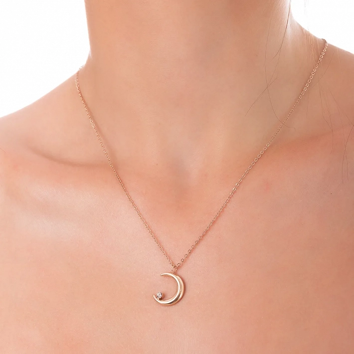 Oxzen κολιέ από ανοξείδωτο ατσάλι, φεγγάρι με ένα λευκό ζιργκόν