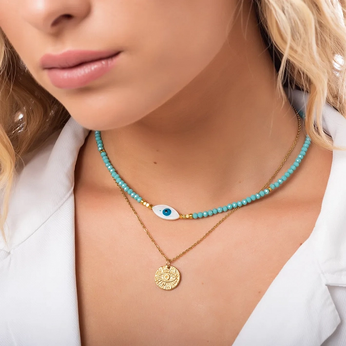 Oxzen ατσάλινο κολιέ επιχρυσωμένο διπλό με γαλάζιο ματάκι