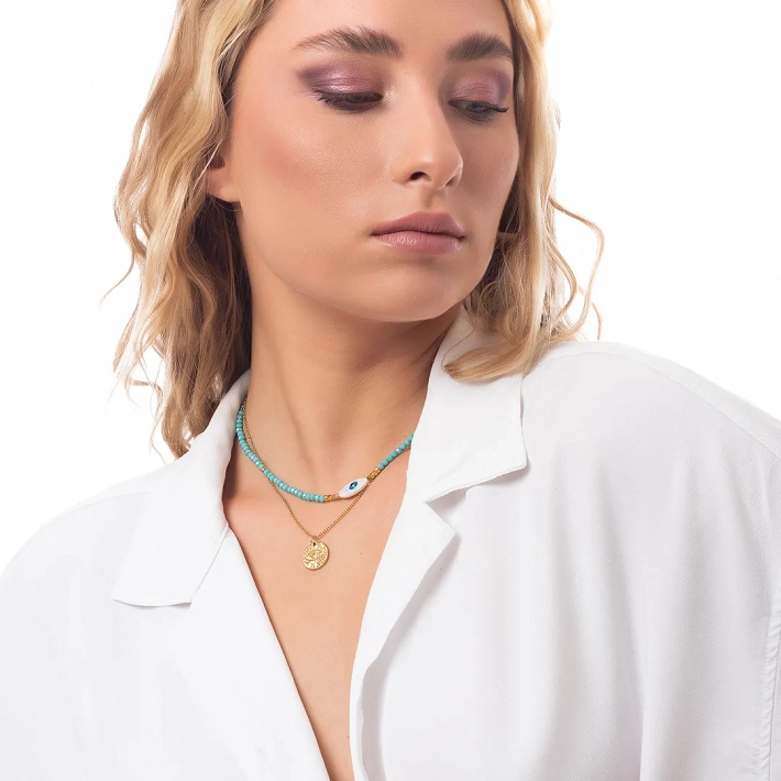 Oxzen ατσάλινο κολιέ επιχρυσωμένο διπλό με γαλάζιο ματάκι