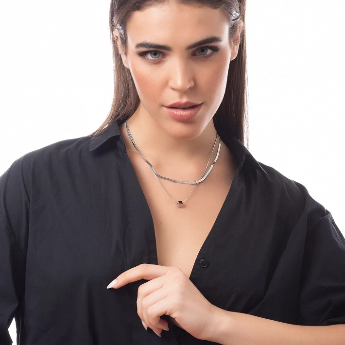 Oxzen ατσάλινο κολιέ διπλό με αλυσίδα snake και κύβο