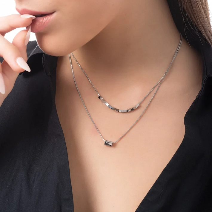 Oxzen ατσάλινο κολιέ διπλό με κύβους και ορθογώνιο στοιχείο