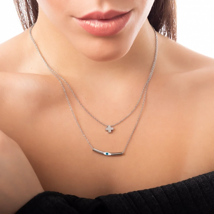 Oxzen ατσάλινο κολιέ διπλό με ματάκι και σταυρό σε ιδιαίτερο σχήμα