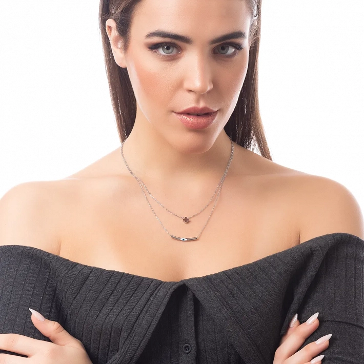 Oxzen ατσάλινο κολιέ διπλό με ματάκι και σταυρό σε ιδιαίτερο σχήμα