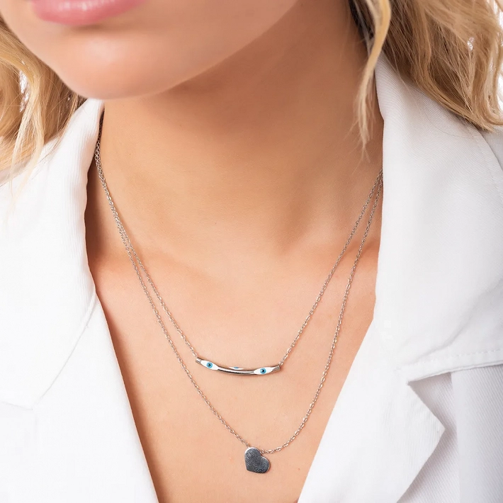 Oxzen ατσάλινο κολιέ διπλό με ματάκι και καρδιά σε ιδιαίτερο σχήμα