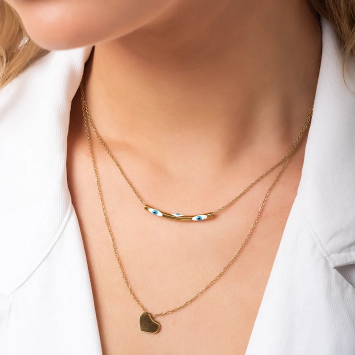 Oxzen ατσάλινο κολιέ διπλό με ματάκι και καρδιά σε ιδιαίτερο σχήμα