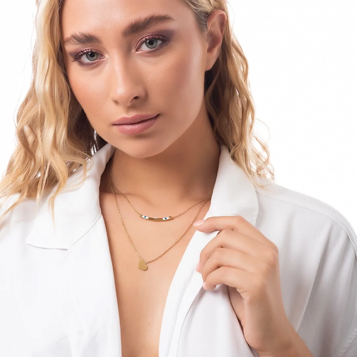 Oxzen ατσάλινο κολιέ διπλό με ματάκι και καρδιά σε ιδιαίτερο σχήμα