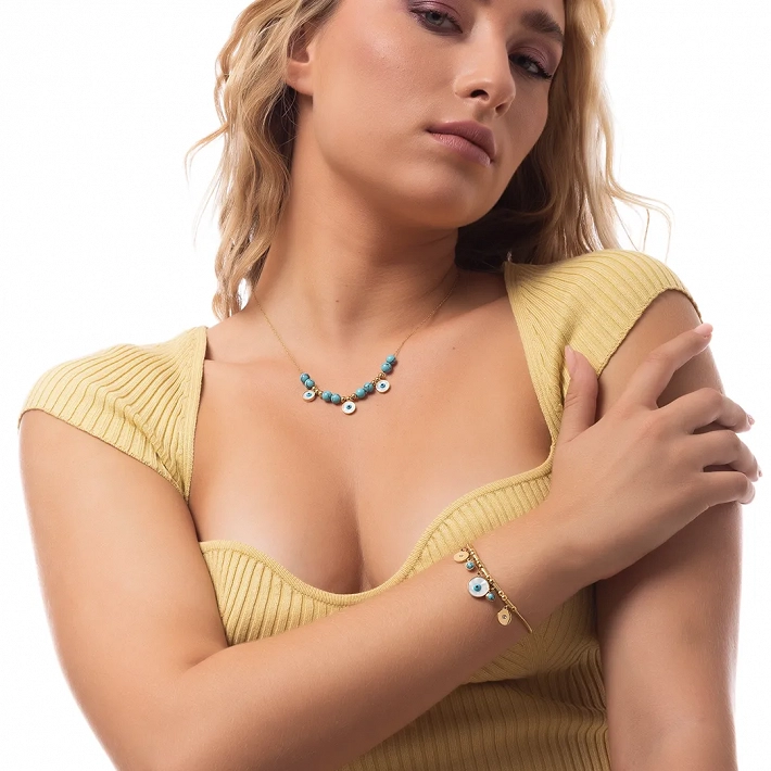 Oxzen ατσάλινο κολιέ επιχρυσωμένο με ματάκια και τιρκουάζ πέτρες