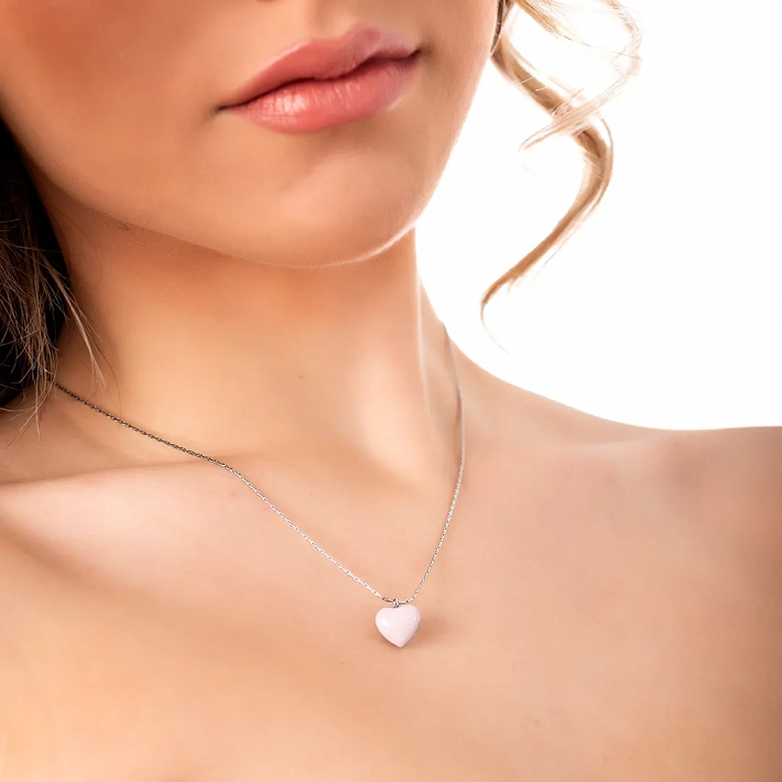 Oxzen ατσάλινο κολιέ καρδιά με ροζ πέτρα