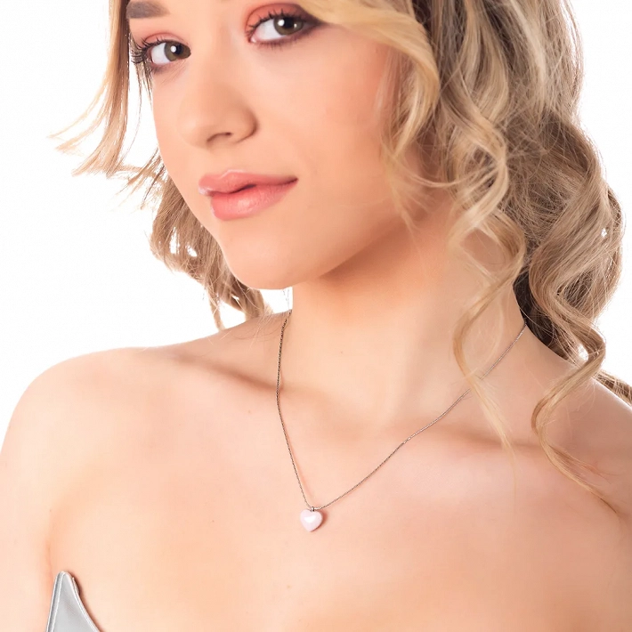 Oxzen ατσάλινο κολιέ καρδιά με ροζ πέτρα