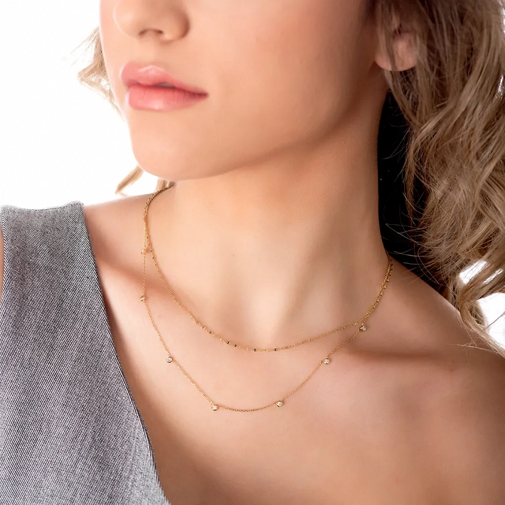 Oxzen ατσάλινο κολιέ διπλό με λευκά ζιργκόν