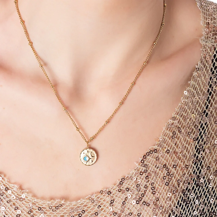 Oxzen κολιέ ατσάλινο με τιρκουάζ σμάλτο