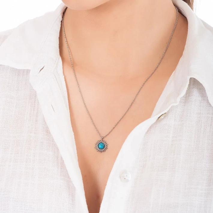 Oxzen γυναικείο κολιέ από ανοξείδωτο ατσάλι ήλιος με τιρκουάζ πέτρα