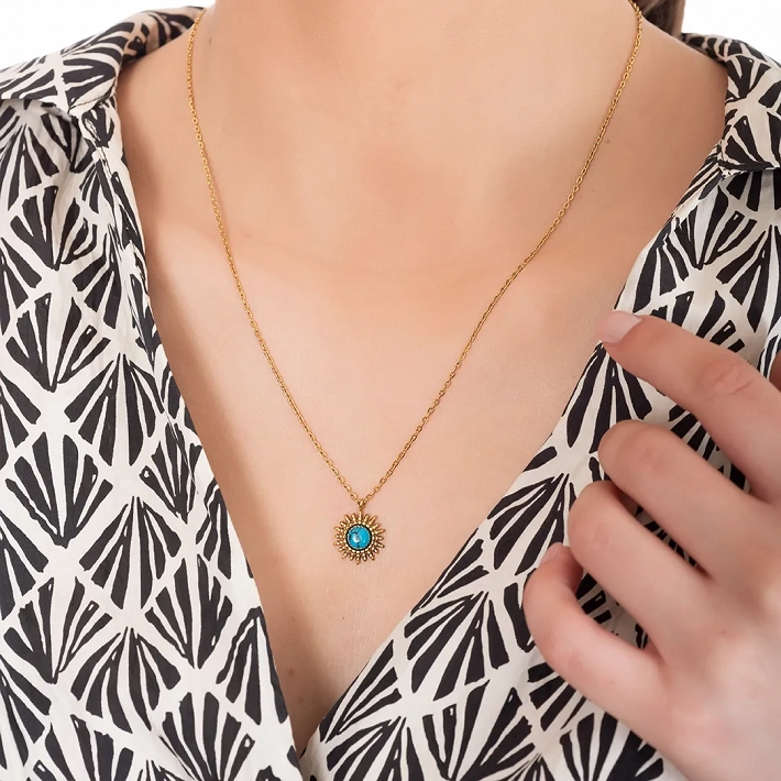 Oxzen γυναικείο κολιέ από ανοξείδωτο ατσάλι ήλιος με τιρκουάζ πέτρα