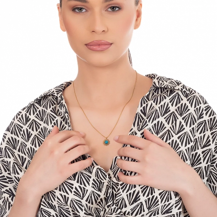 Oxzen γυναικείο κολιέ από ανοξείδωτο ατσάλι ήλιος με τιρκουάζ πέτρα