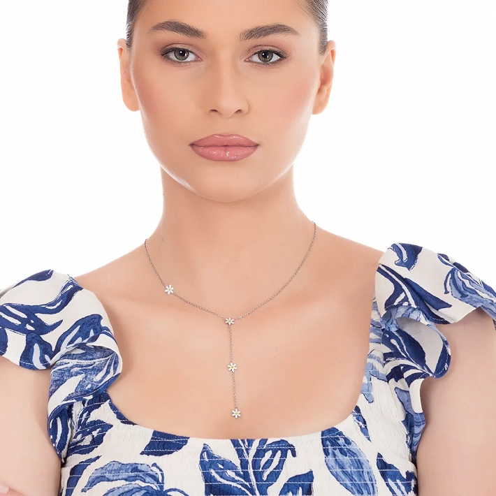 Oxzen γυναικείο κολιέ από ανοξείδωτο ατσάλι με λευκές μαργαρίτες