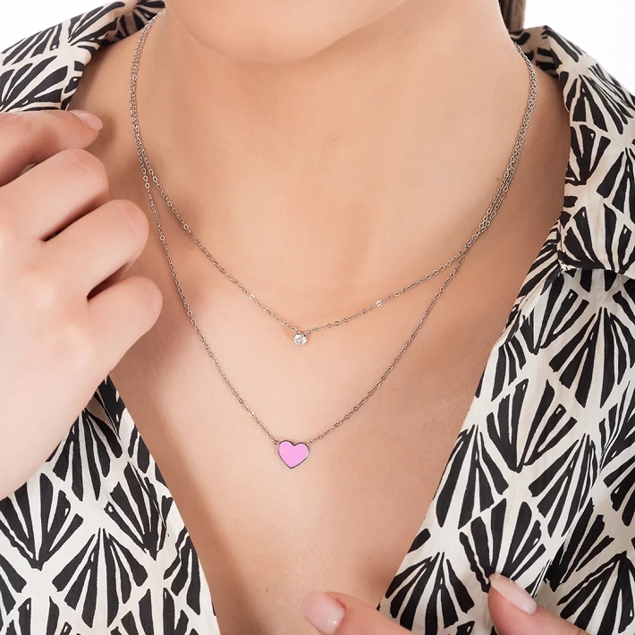 Oxzen γυναικείο κολιέ από ανοξείδωτο ατσάλι διπλό με ροζ καρδιά και λευκό ζιργκόν