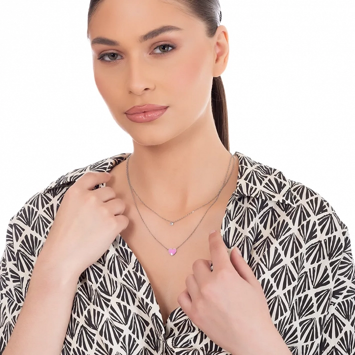 Oxzen γυναικείο κολιέ από ανοξείδωτο ατσάλι διπλό με ροζ καρδιά και λευκό ζιργκόν