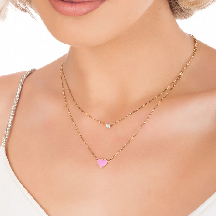 Oxzen γυναικείο κολιέ από ανοξείδωτο ατσάλι διπλό με ροζ καρδιά και λευκό ζιργκόν
