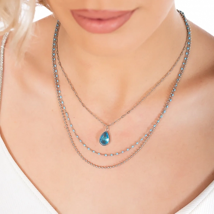 Oxzen γυναικείο κολιέ από ανοξείδωτο ατσάλι τριπλό με γαλάζιες πέτρες