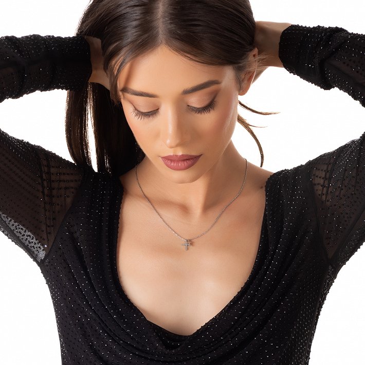 Oxzen ατσάλινο κολιέ διπλός σταυρός με ζιργκόν