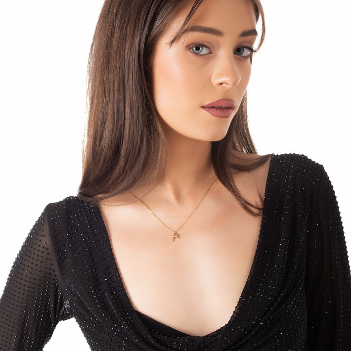 Oxzen ατσάλινο κολιέ διπλός σταυρός με ζιργκόν