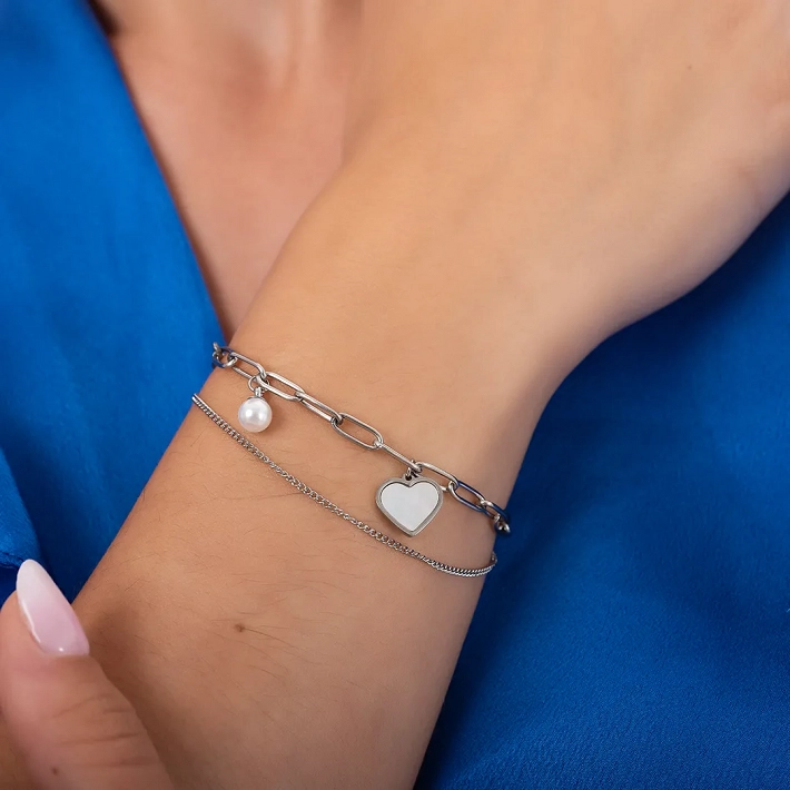 Oxzen ατσάλινο βραχιόλι με διπλή αλυσίδα και κρεμαστή καρδιά