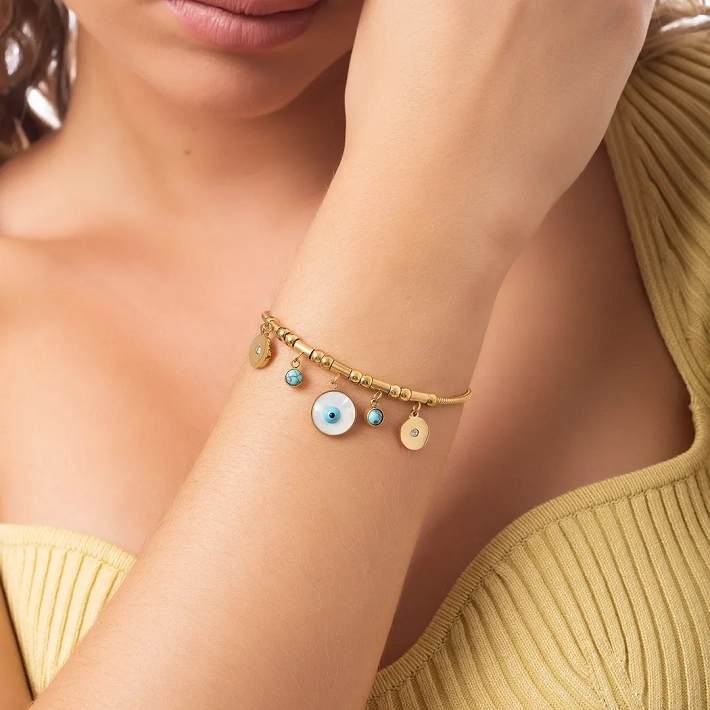 Oxzen ατσάλινο βραχιόλι επιχρυσωμένο με ματάκια και στοιχεία