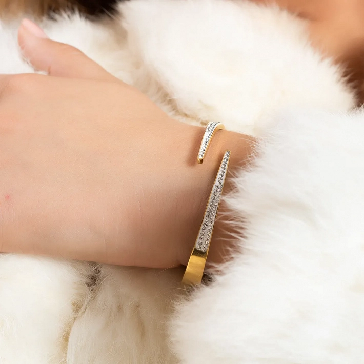 Oxzen ατσάλινο βραχιόλι σταθερό επιχρυσωμένο με λευκά κρύσταλλα