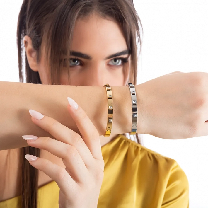 Oxzen ατσάλινο βραχιόλι σταθερό με τετράγωνα λευκά ζιργκόν