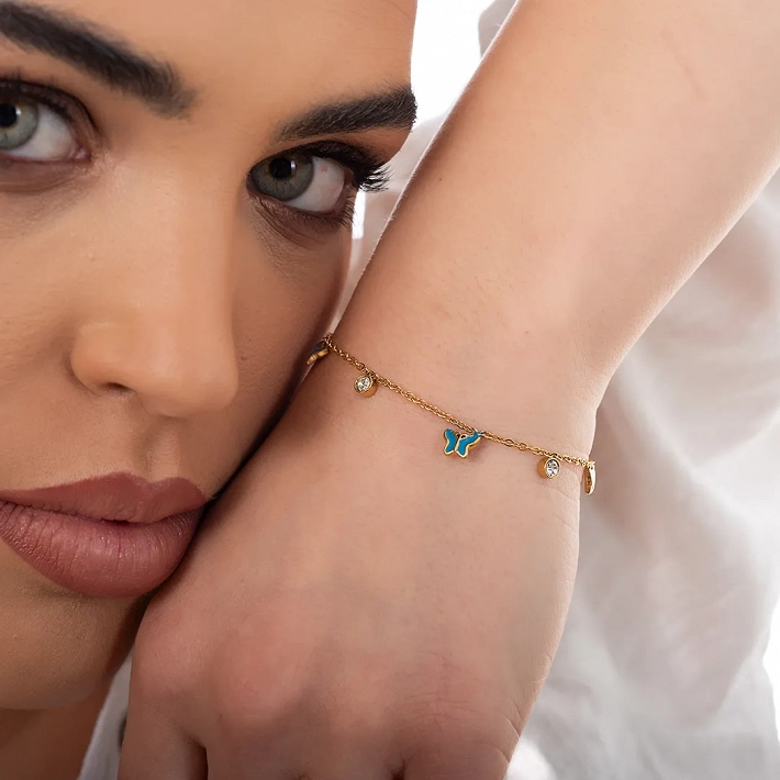 Oxzen γυναικείο βραχιόλι ατσάλινο με κρεμαστές γαλάζιες πεταλούδες