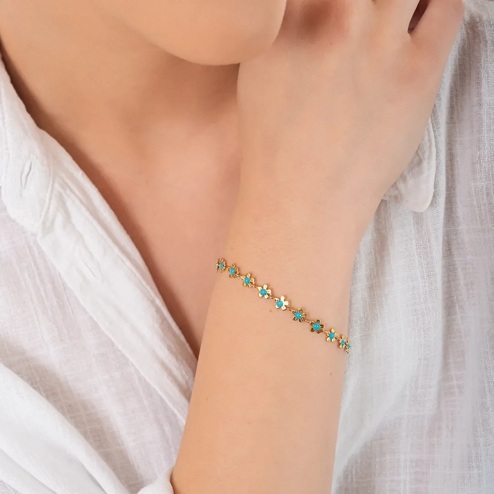 Oxzen γυναικείο βραχιόλι ατσάλινο με μαργαρίτες με γαλάζιες πέτρες