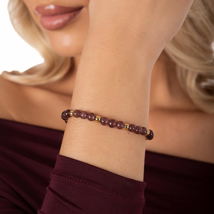 Oxzen βραχιόλι ατσάλινο με ορυκτές μωβ πέτρες 6mm