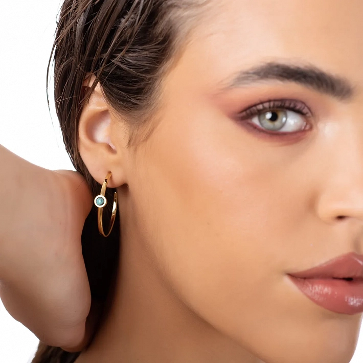 Oxzen σκουλαρίκια κρίκοι ατσάλινα 30mm με τιρκουάζ ορυκτή πέτρα