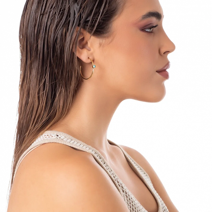 Oxzen σκουλαρίκια κρίκοι ατσάλινα 30mm με τιρκουάζ ορυκτή πέτρα