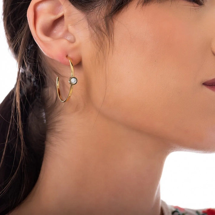 Oxzen σκουλαρίκια κρίκοι ατσάλινα 30mm με λευκή ορυκτή πέτρα