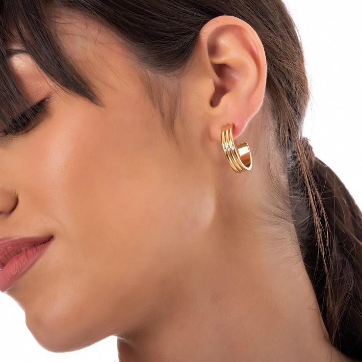 Oxzen σκουλαρίκια κρίκοι ατσάλινα 20mm με τρία λευκά ζιργκόν