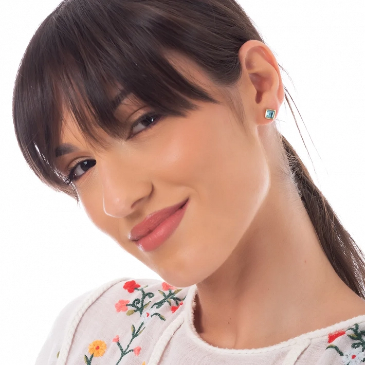 Oxzen σκουλαρίκια καρφωτά ατσάλινα τετράγωνα με γαλάζιο ζιργκόν