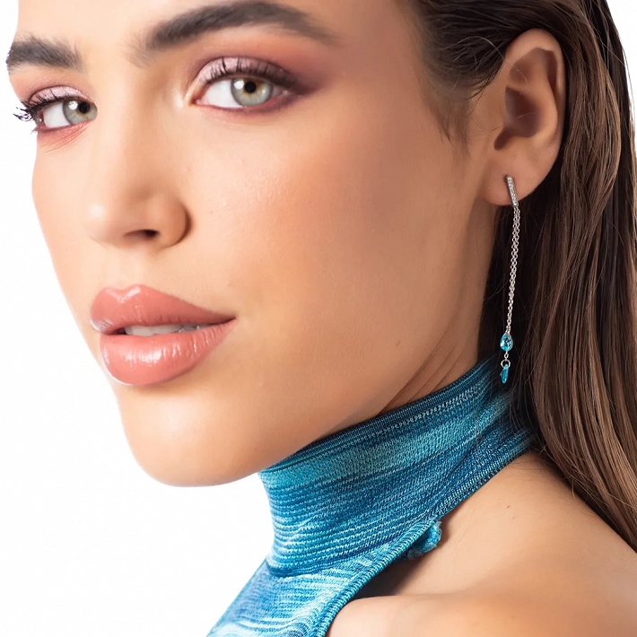 Oxzen γυναικείο σκουλαρίκι ατσάλινο μακρύ με γαλάζια ζιργκόν